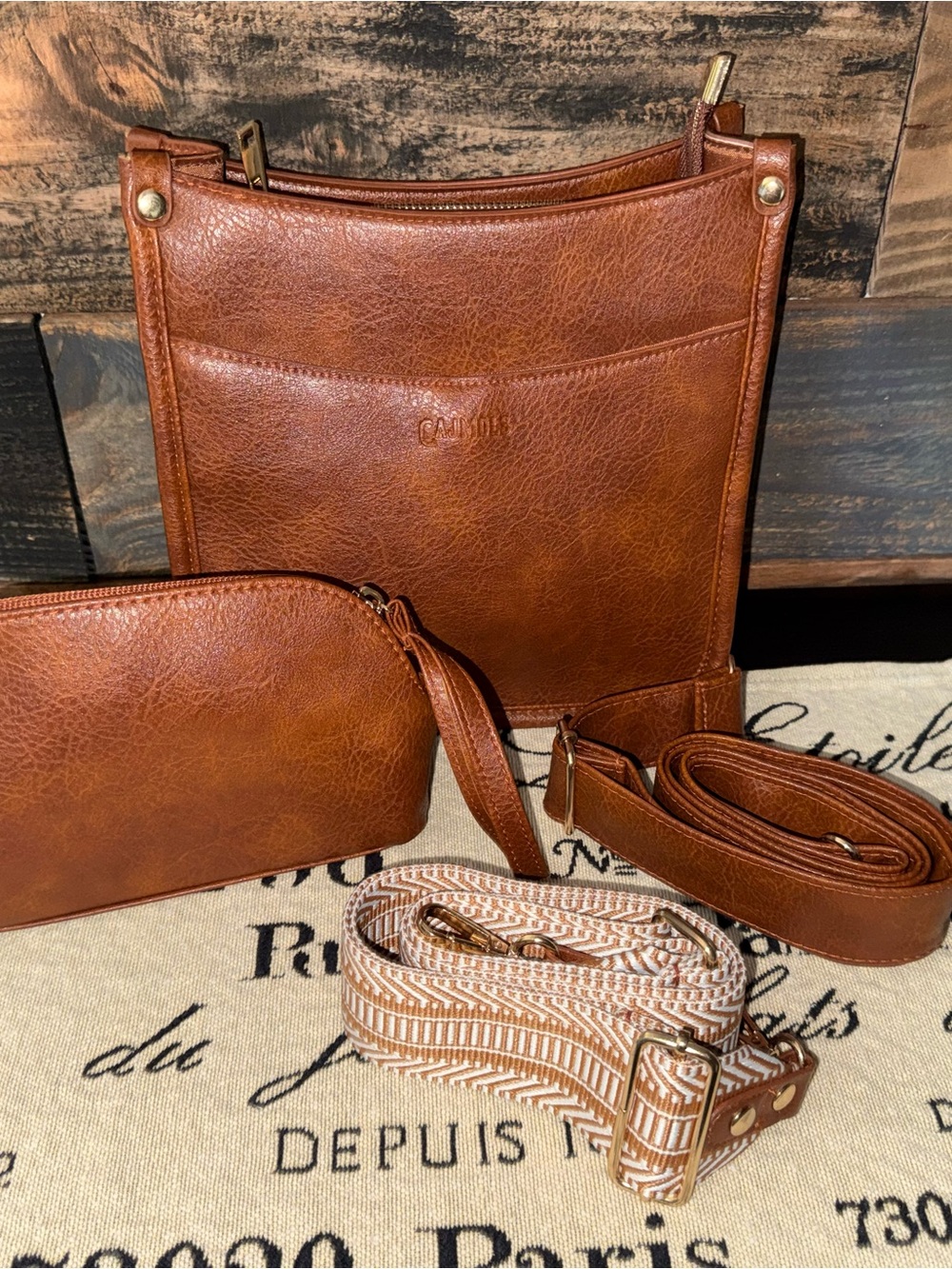 Brown Leather Crossbody Bag with Pouch and Straps